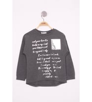 Toontoy Kız Çocuk Varaklı Cep Baskılı T-Shirt (Antrasit Melanj)