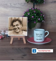 Dayıya Hediye Fotoğraflı Dekoratif Taş, Ahşap Altlıklı Türk Kahvesi Fincanı Hediye (Model 6)