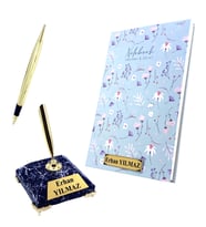 Kişiye Özel İş/Ofis Hediye Seti, Siyah Mermer Tasarımlı Kaideli İmza Kalemli ve Defter (Model 2)