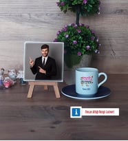 Felsefe Öğretmeni Fotoğraflı Dekoratif Taş, Ahşap Altlıklı Türk Kahvesi Fincanı Hediye (Model 4)