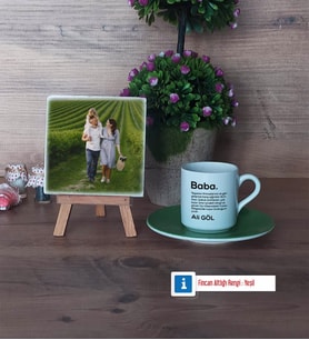 Baba Fotoğraflı Dekoratif Taş, Ahşap Altlıklı Türk Kahvesi Fincanı Hediye (Model 9)