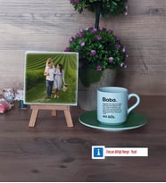 Baba Fotoğraflı Dekoratif Taş, Ahşap Altlıklı Türk Kahvesi Fincanı Hediye (Model 9)