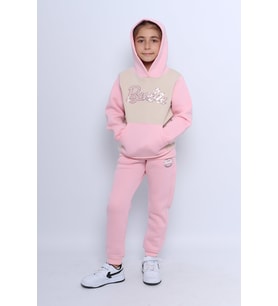 KIZ ÇOCUK 3 İPLİK EŞOFMAN TAKIMI KARAKTER NAKIŞLI KAPÜŞONLU CEPLİ E5 (Pembe)