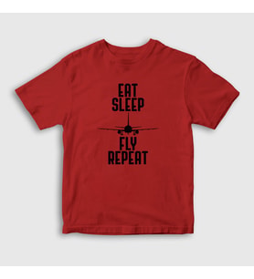 Presmono Unisex Çocuk Beyaz Eat Sleep Fly Repeat Pilot Airplane Uçak T-Shirt 398790tt (Kırmızı)
