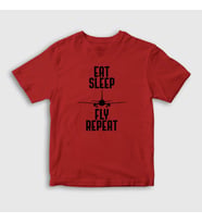 Presmono Unisex Çocuk Beyaz Eat Sleep Fly Repeat Pilot Airplane Uçak T-Shirt 398790tt (Kırmızı)