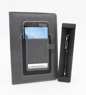 Kişiye Özel Telefon Cepli Gri Defter & Gold Detaylı Tükenmez Kalem Hediye Seti (Siyah)