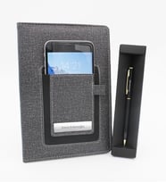 Kişiye Özel Telefon Cepli Gri Defter & Gold Detaylı Tükenmez Kalem Hediye Seti (Siyah)