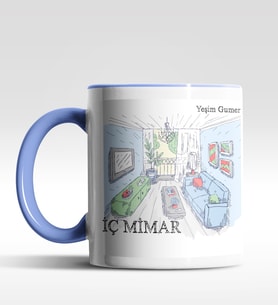 Kişiye Özel İç Mimar Tasarımlı Siyah Kupa (Beyaz-Mavi)