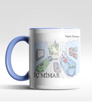 Kişiye Özel İç Mimar Tasarımlı Siyah Kupa (Beyaz-Mavi)