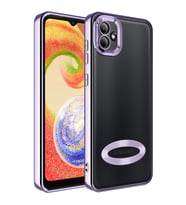 Samsung Galaxy A04 Kılıf Case, Logo Showing Serisi, Şeffaf, Kamera Korumalı, Logo Gösteren Renkli Çizgi Tasarım (Lila)