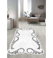 Dijital Baskılı Kaymaz Taban Yıkanabilir Lazer Kesim Salon Halısı Yolluk NLZR-ht-1027 (Beyaz-Gri)