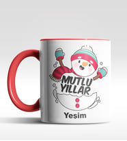 Kişiye Özel Mutlu Yıllar Kardan Adam Tasarımlı Siyah Kupa (Kırmızı)