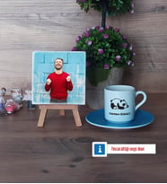 Uykucu Panda Fotoğraflı Dekoratif Taş, Ahşap Altlıklı Türk Kahvesi Fincanı Hediye (Model 5)