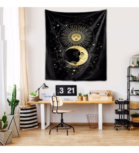 Yıkanabilir Leke Tutmaz Mikropetek Kumaş Güneş ve Ay Siyah Duvar Örtüsü Duvar Halısı Tapestry (Siyah)