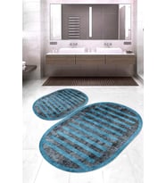 Dijital Baskılı Kaymaz Taban Yıkanabilir Oval 2'li Klozet Takımı Banyo Paspası NOKZ-SD-247 (Mavi)