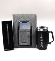 Kişiye Özel 280 ML Kulplu Çelik Termos & Telefon Cepli Gri Defter & Siyah Mat Roller Kalem Hediye Seti (Siyah)