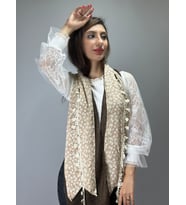 ÇİÇEKLİ ŞİFON VE TRİKO İKİLİ KADIN OYALI FULAR ŞAL  200X25 CM (Krem)