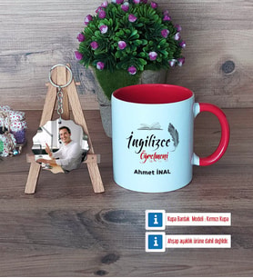 İngilizce Öğretmeni Kupa Bardak Beyaz ve Fotoğraflı Ahşap Anahtarlık Hediye (Model 2)