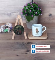 Baykuş Türk Kahvesi Fincanı Ahşap Altlıklı ve Fotoğraflı Ahşap Anahtarlık Hediye (Model 1)