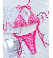 AMOR FACE ÖZEL TASARIM  LEOPAR BASKILI BRAZİLİAN BEACH CLUB SEXY KADIN BİKİNİ TAKIMI (Pembe)