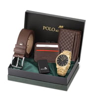 Polo Air Erkek Kol Saati Dama Desenli Cüzdan Kemer Kartlık Çakmak Kombin Set PL-0919E (Gold)