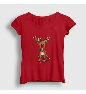 Presmono Kadın Beyaz Adorable Reindeer Geyik Yılbaşı T-Shirt 364517tt (Kırmızı)