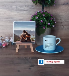 Eşe Hediye Fotoğraflı Dekoratif Taş, Ahşap Altlıklı Türk Kahvesi Fincanı Hediye (Model 5)