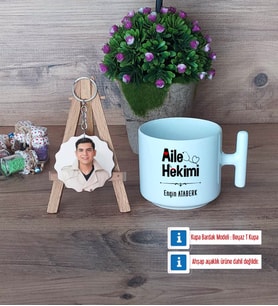 Aile Hekimi Kupa Bardak Beyaz ve Fotoğraflı Ahşap Anahtarlık Hediye (Model 12)