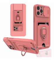 Uyumlu Model Apple iPhone 12 Pro Kılıf Kartlıklı Magnetli Lens Kapatmalı (Pembe)