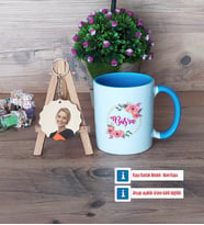 İsme Özel Kupa Bardak Beyaz ve Fotoğraflı Ahşap Anahtarlık Hediye (Model 4)