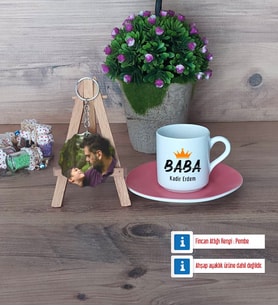 Babalar Günü Hediyesi Türk Kahvesi Fincanı Ahşap Altlıklı ve Fotoğraflı Ahşap Anahtarlık HediyeBabaya Hediye (Model 6)
