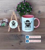Erkek Kuaförü Kupa Bardak Kırmızı ve Ahşap Anahtarlık Hediye (Model 5)