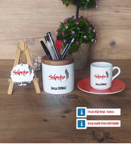 Sekretere Hediye Hediye Sepeti Kalemlik, Türk Kahvesi Fincanı Kırmızı, Ahşap Anahtarlık Hediye (Model 6)