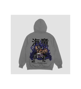 Unisex Siyah Kaido Baskılı Hoodie Oversize Kapşonlu Sweatshirt (Gri)