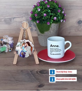 Anneye Hediye Türk Kahvesi Fincanı Ahşap Altlıklı ve Fotoğraflı Ahşap Anahtarlık Hediye (Model 3)