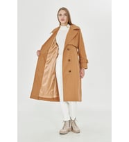 Pastelastore %100 Pamuk Gabardin Uzun (110cm) Astarlı Kemerli Kadın Trençkot 1111 (Tarçın)