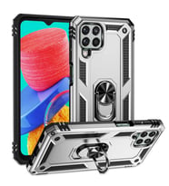 Samsung Galaxy M33 Kılıf Yüzüklü Tank Zırhlı Mıknatıslı Standlı Silikon Kapak (Gri)