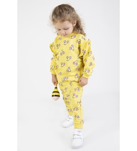 Kız Bebek&Çocuk İki İplik Kumaş Kiraz Desenli Orta Kalınlıkta Örme Basic Oversize Alt Üst Eşofman Takımı (Sarı)