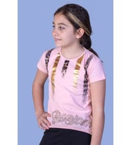 Toontoy Kız Çocuk Varak Baskılı Taş İşlemeli Tişört (Pudra)