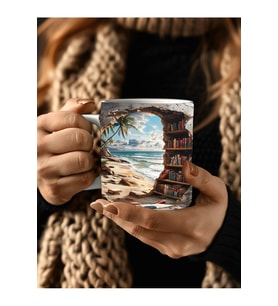 Kitaplık Kütüphane Baskılı 3D Tasarım Seramik Kupa Mug - Hediyelik Kupa Bardak (Mavi)