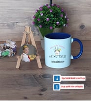 Hostes Kupa Bardak Beyaz ve Fotoğraflı Ahşap Anahtarlık Hediye (Model 3)