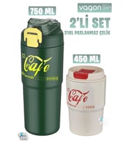 Vagonlife 2'li Çelik Termos-Kahve Bardağı Seti 750ML Çift Kullanım Termos//450ML Mug Kahve Bardağı (Yeşil-Beyaz)