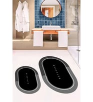 EVDEYA Dijital Baskılı Yıkanabilir Bathroom Yazılı Oval Banyo Paspası Klozet Takımı, OKLOZET-1-GRİ, (Siyah)