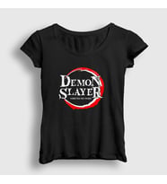 Presmono Kadın Beyaz Logo İblis Avcısı Anime Demon Slayer Kimetsu No Yaiba T-Shirt 308550tt (Siyah)