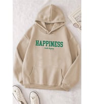 Unisex Oversize Happiness Baskılı Sweatshirt (Bej)