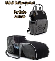 Portbebe Ana Kucağı Puset Bebek Taşıma + Anne Bebek Bakım Çantası 2 li Set (Siyah-Gri)