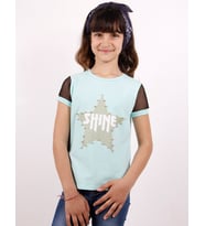Toontoy Kız Çocuk Shine Yıldız Baskılı Kol Kısmı Fileli Tişört (Mint Yeşili)