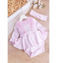 Dantel Yakalı Bandanalı Kız Bebek Elbise Bebek Tulum (Pembe)