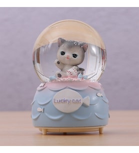 Tatlı Kedi Büyük Boy Işıklı Müzikli Otomatik Püskürten Kar Küresi (Gri)