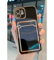 iPhone 11 Kılıf Kamera Korumalı Kartlıklı Altın Kenar Tasarım Silikon (Siyah)